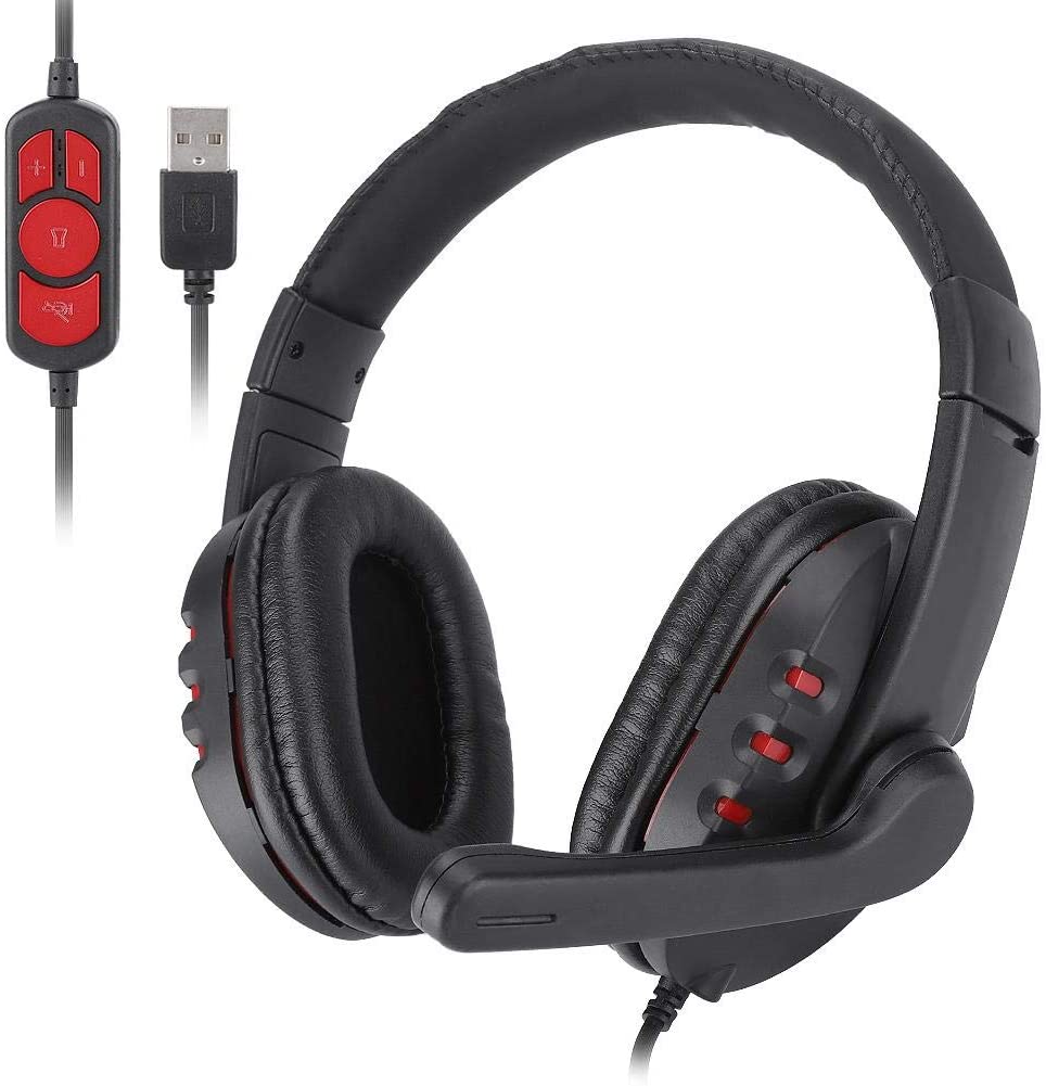 OVLENG Q7 USB 3D Sound Stereo Headphone Headset Microphone Mic for Laptop PC Computer and PS4 Game Machine Black+Red